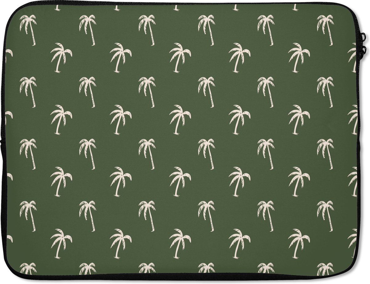 Laptophoes 17 inch - Palmboom patroon - Groen - Beige - Zomer - Laptop sleeve - Binnenmaat 41x28 cm - Zwarte achterkant