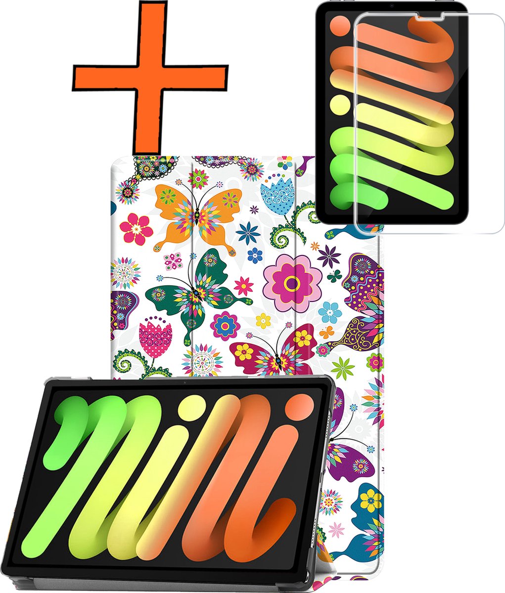 Hoesje - Geschikt voor Apple iPad Mini 7 (2024) - 8.3 inch - 7e Generatie - Met Screenprotector - Trifold Bookcase - Hard Cover - Hardcover Book Case - Tablet Hoes - Vlinders