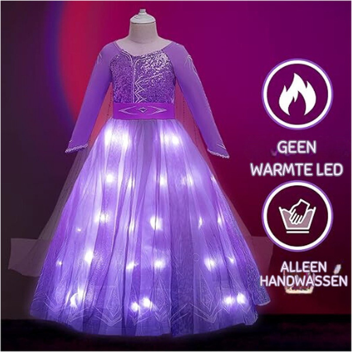Lichtgevende prinsessenjurk voor meisjes, ijskoningin, Elsa-kostuum met pruik, kroon, toverstaf, prinsessenkleding, verjaardag, Kerstmis, carnaval
