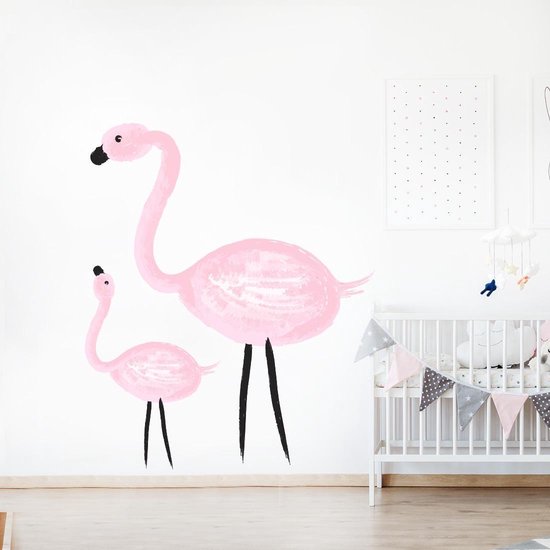 Muursticker Flamingo met baby