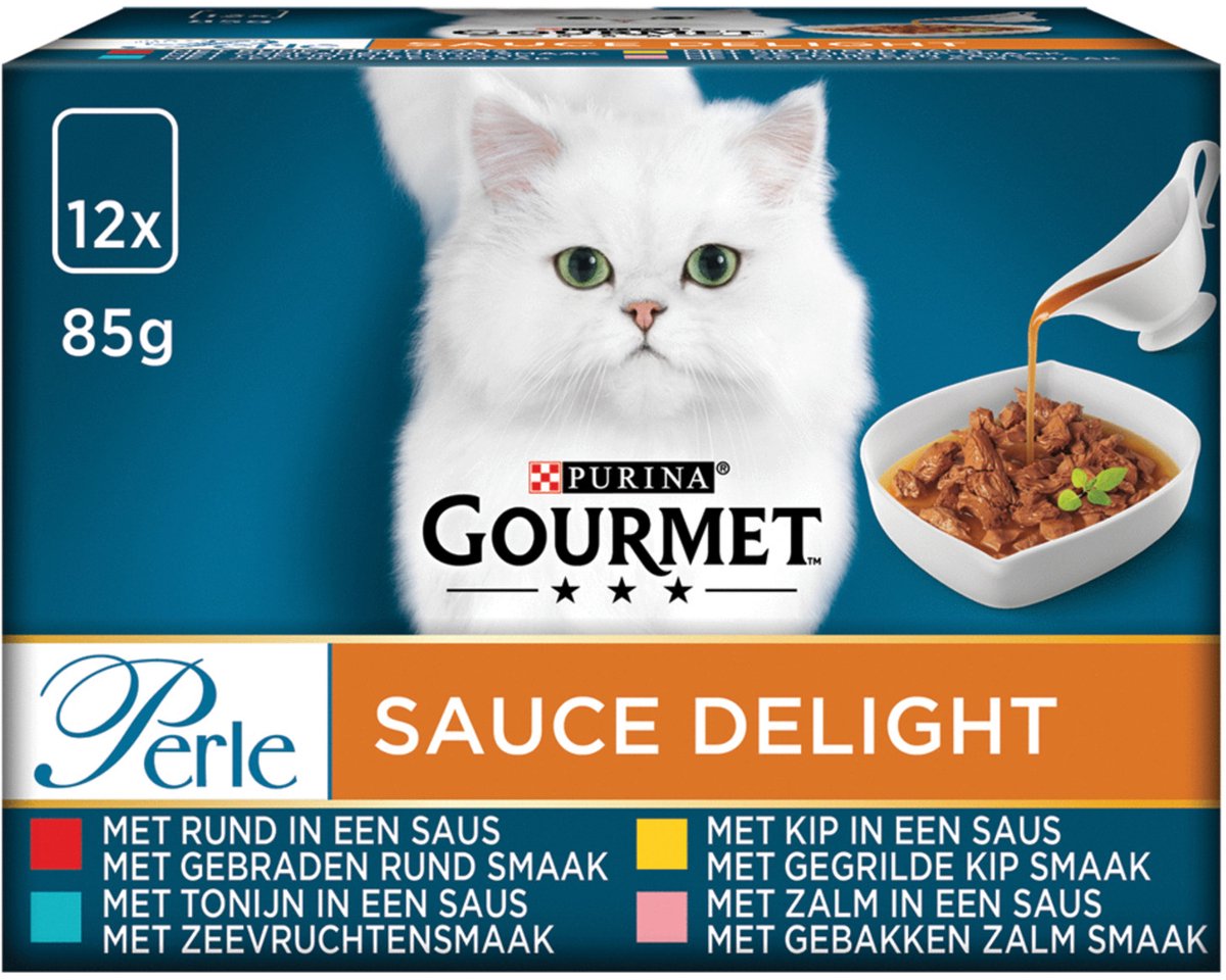 Gourmet Perle Sauce Delight met rund/kip/tonijn/zalm nat kattenvoer 85g zakje 12 x 85 g