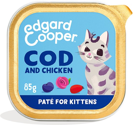 Edgard & Cooper kitten paté blikje met kabeljauw en kip, 85g. Blauw met een katje, bessen en roos.
