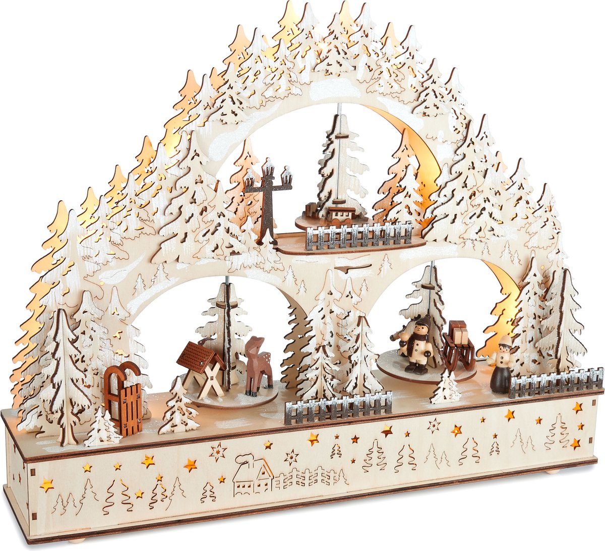 BRUBAKER 3D-lichtboog, led-lichtboog, winterlandschap 2024, kerstverlichting van natuurlijk hout, 37 x 46 x 10 cm, handbeschilderde figuren, kerstdecoratie voor tafel en raam