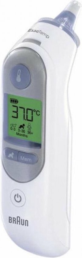 Braun ExactTemp oorthermometer met groen display: 37.0°C en leeftijdsindicatie.