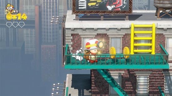Toad die op een balkon staat met een gebouw op de achtergrond en gouden munten.