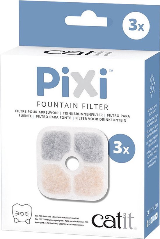 Boîte de 3 filtres pour fontaine Catit Pixi. Le filtre présente quatre segments gris et beiges.