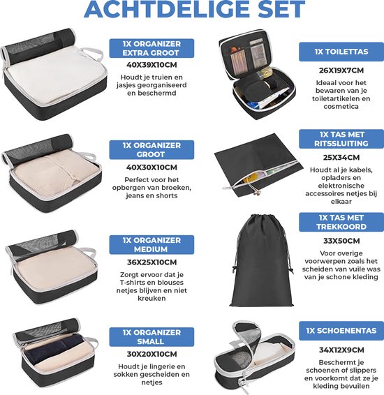 Cubes de compression - Set organisateur de valise - 8 pièces - Organisateur de Vêtements et de bagages - Compression - Cubes de voyage - Accessoires de vêtements pour bébé de voyage - Pour Tassen et Sacs à dos - Zwart