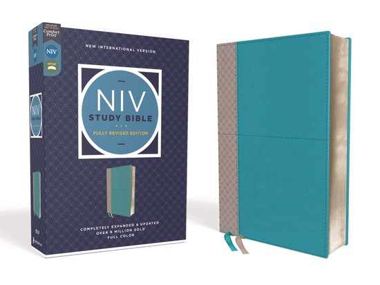NIV Study Bible, Fully Revised Edition, turquoise/gris avec lettres rouges et Comfort Print.