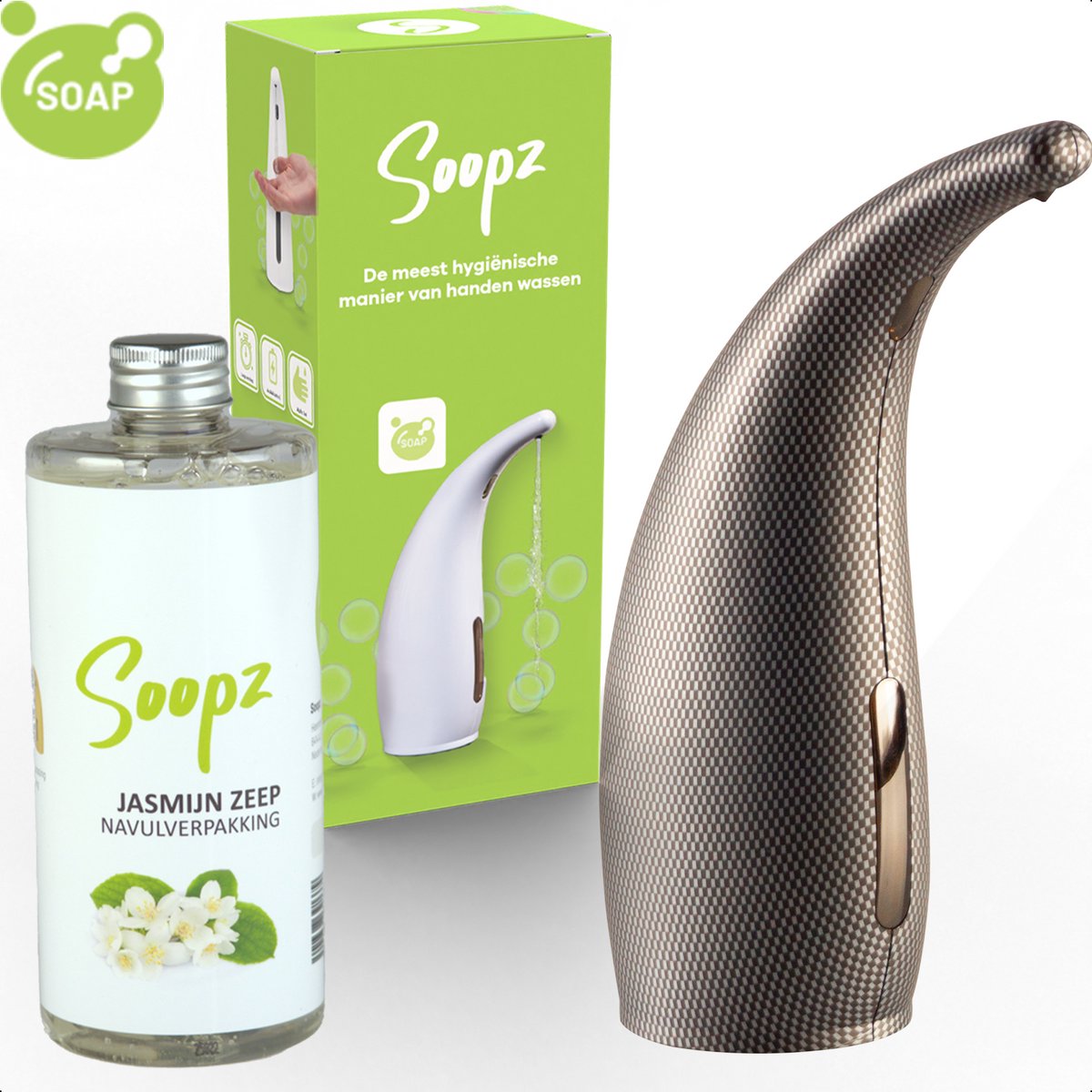 Soopz Automatische Zeepdispenser – Zwart Carbon – Black Carbon Classic – Zeeppompje met Bewegingssensor – Met Jasmijn Zeep