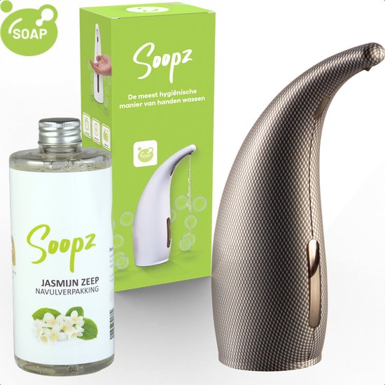 Automatische zeepdispenser met jasmijn zeep navulverpakking. De dispenser is zwart met een carbon patroon.
