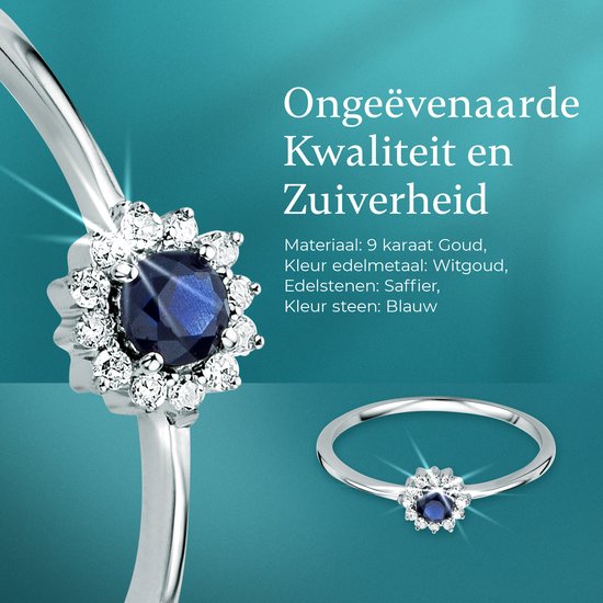 Gros plan sur une bague couleur argent avec un saphir bleu et des diamants blancs. Matière : or 9 carats, saphir. Texte : "Qualité et Pureté Inégalées".