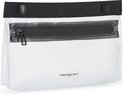 Transparante Hedgren pouch met zwarte ritssluiting en band.
