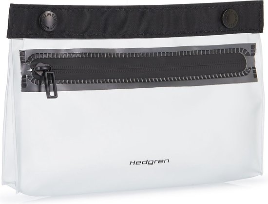 Transparante Hedgren pouch met zwarte ritssluiting en band.