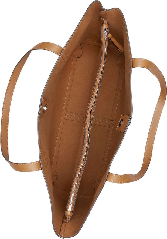 Bruine leren shopper van binnen, met ritssluiting in het midden en twee open vakken.