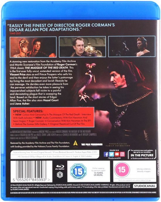 Achterkant Blu-ray van The Masque of the Red Death met beschrijving, filmlogo's en prijzen.