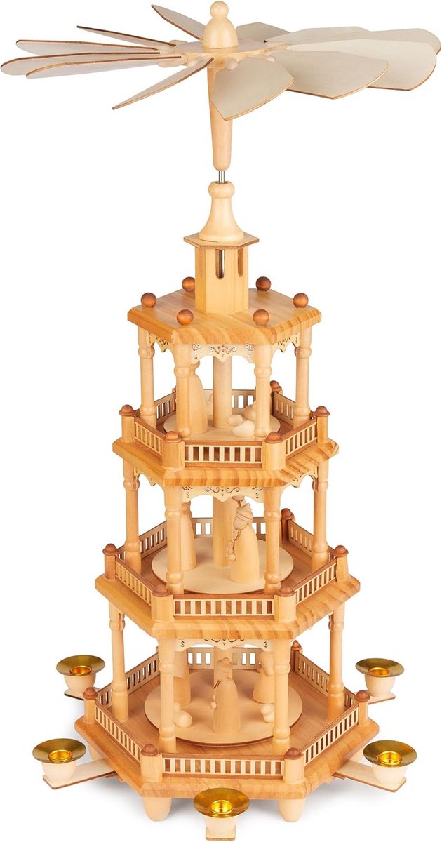 BRUBAKER Kerstpiramide van hout, 55 cm grote houten piramide voor Kerstmis, draaibare tafelpiramide met houten kerstfiguren, handbeschilderd, kerstdecoratie, bruin, natuur