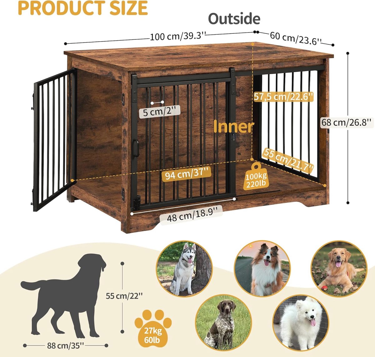 Hondenbench, meubel, 100 cm, hondenbox, driedeurige hondenbench, schuifdeuren, moderne hondenkamer voor binnen, voor kleine en middelgrote honden, versterkte constructie, 100 x 65 x 67 cm, zwart