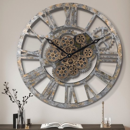 23 Inch Houten Bewegende Gears Wandklok - Rustieke Vintage Industriële