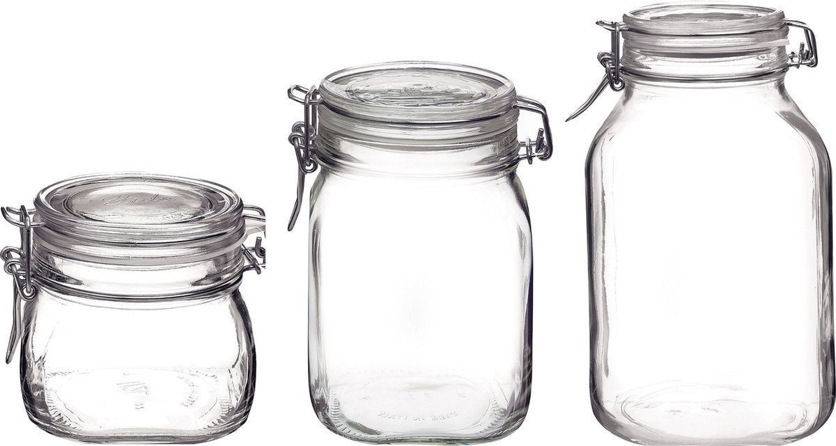 Rocco Bormioli - Fido - Weckpot set - Set van 3 - 0,5 L, 1 L & 1,5 L - Glas - Weckpotten