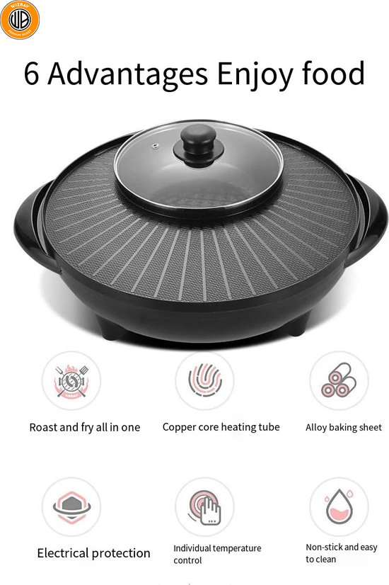 WizBay Premium Select® 2 in 1 Dual Aziatische Shabu HotPot - Hot pot - Funcooking - 1 Bouillon Gedeelten - Grill - Gourmetten - Fondue - 3 tot 5 personen - 1200W - Anti Aanbak Laag - Rond 38cm — afbeelding 5