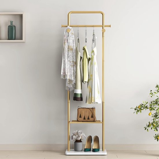 TIEOU Gouden Kledingrek Met Planken - Staand, Modern, Industrieel Kledingrek Voor Hangende Kleding - Garderobe in Goud