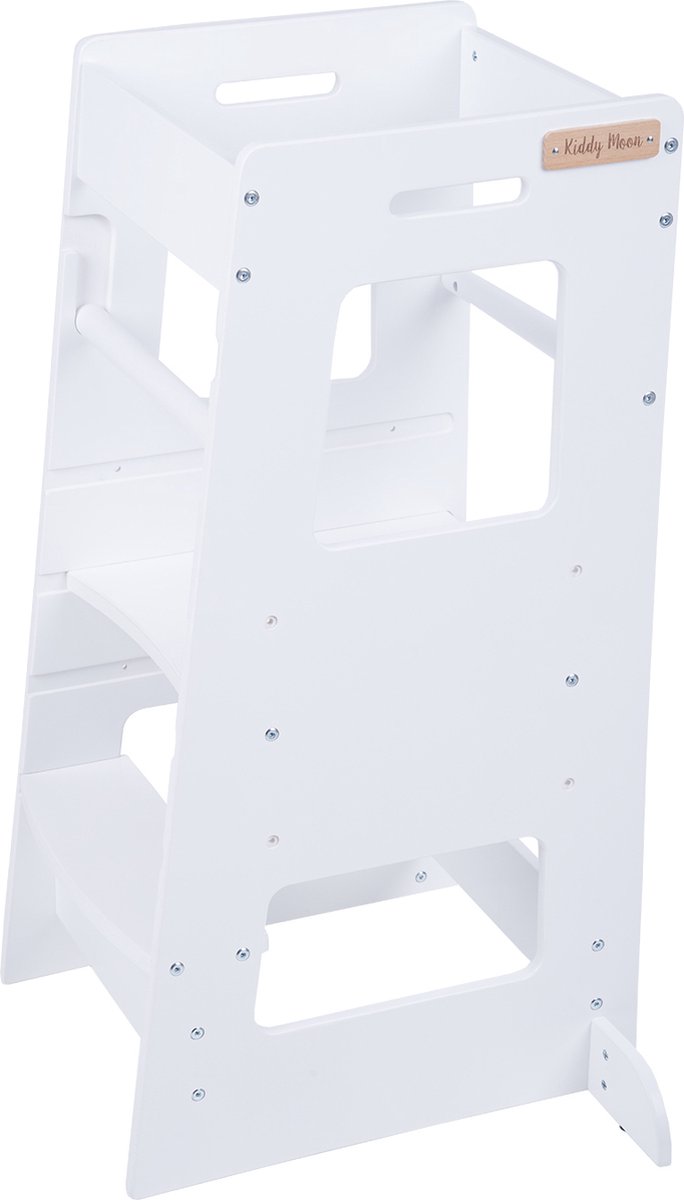KiddyMoon Leertoren voor kinderen Houten - Montessori meubilair - In hoogte verstelbaar - Opstapkrukje - Toddlers stool - Leerstoel baby - Kinderstoel - Montessori kitchen helper Hout - Keukenhulp - Keukentoren - Kindertrap - Wit