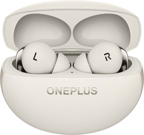 Wit oplaaddoosje met 'OnePlus' logo, wit oordopje met 'L' en 'R' erin.