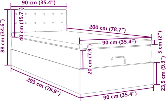Afmetingen van een wit bed met opbergruimte, matras, topmatras en hoofdbord.