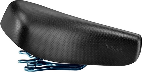 Zwart fietszadel met blauwe veren en een geperforeerd oppervlak.