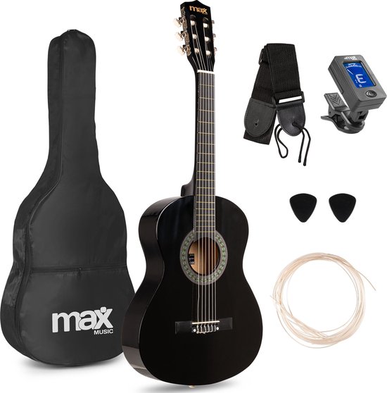 Kinder gitaar - MAX SoloArt akoestische gitaar 3/4 - Met gratis muzieklessen en accessoires - Zwart