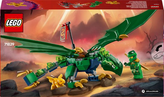LEGO Ninjago Lloyd's groene bosdraak speelgoeddoos met groene draak met gouden klauwen en groene ninjapopper, rode ninjapopper en gele draak.