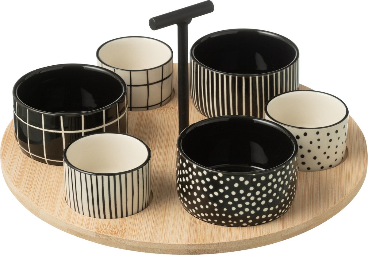 J-Line tapasplank 6 kommen + bambouschaal In Doos - keramiek/hout - wit/zwart