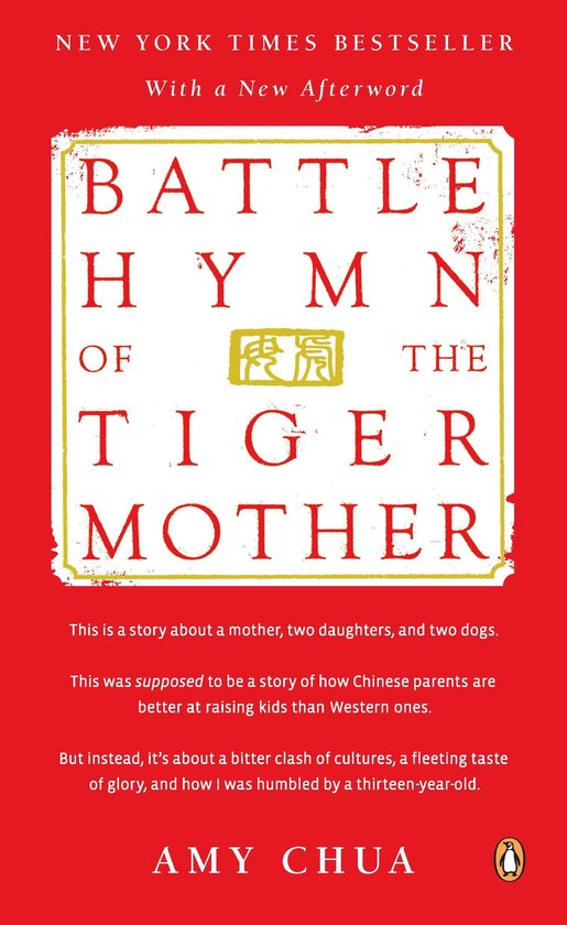 Boekomslag van 'Battle Hymn of the Tiger Mother' met rode achtergrond en gele rand. De titel is in grote, rode letters.
