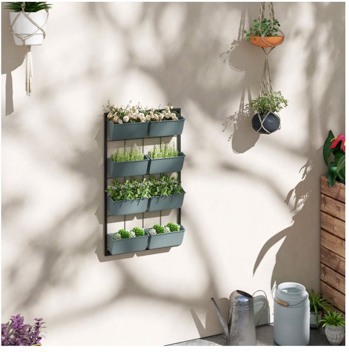 Blumenständer, Pflanzenständer mit 8 Töpfen, Pflanzenregal, Wandmontage Pflanzentreppe, Blumenregal für Garten, Dunkelgrün, 52,5 x 14 x 90 cm