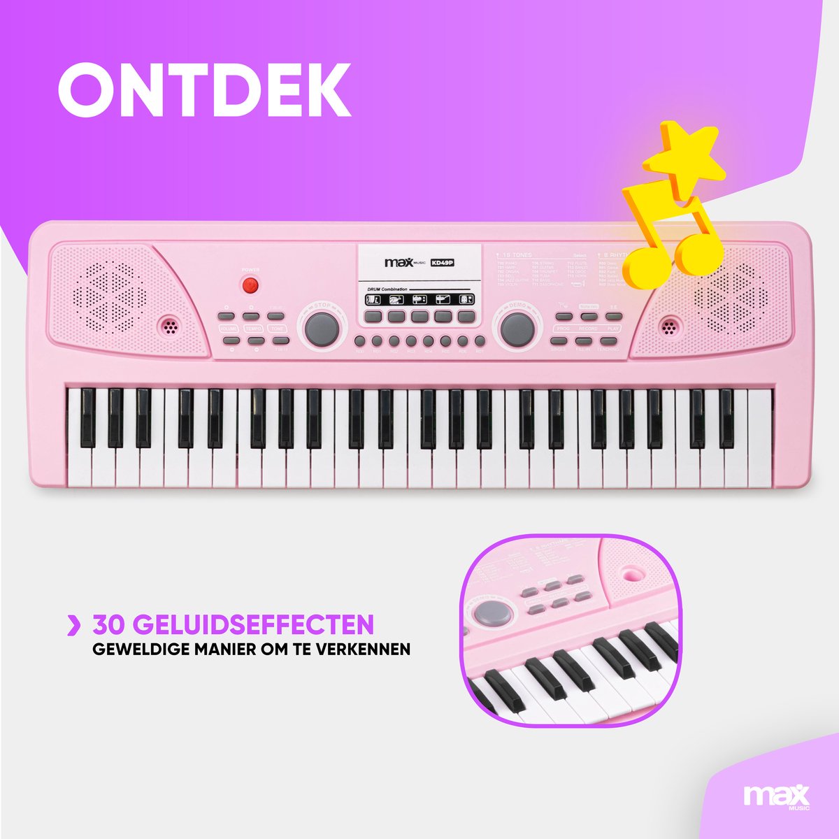Speelgoed piano kinderen - MAX KD49P kinder piano met 49 toetsen - Ingebouwde ritmes en microfoon - Roze thumbnail 2