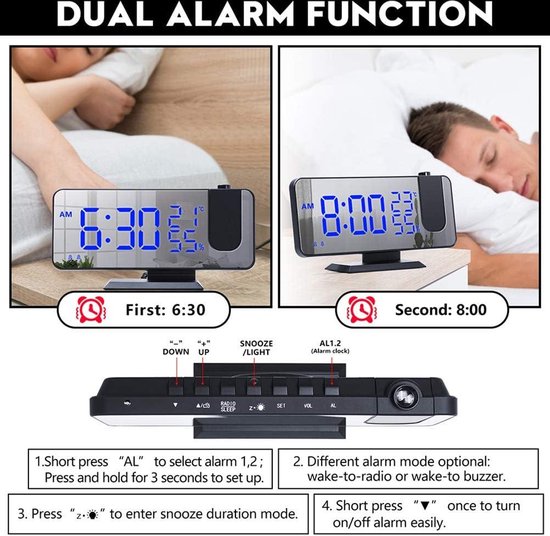 Projectiewekker met radio, USB-poort, led-display, 180° projector, dimmer, dubbel alarm voor slaapkamers - 12/24 uur, zware slapers