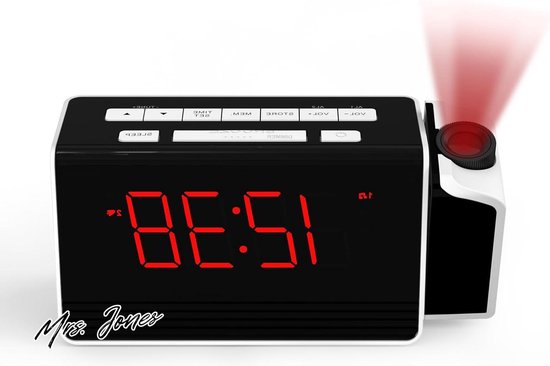 Madame Réveil à projection Jones pour chambre à coucher, projecteur rotatif à 180°, radio FM, variateur de luminosité, double alarme, snooze 12/24 heures.