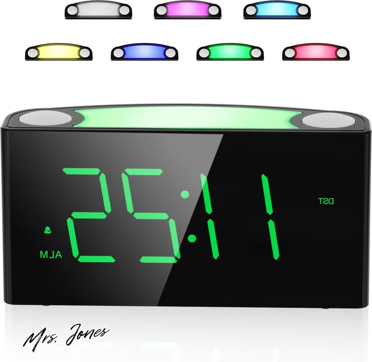 Mrs. Jones Wekker Digitaal met Licht&Oplader Alarmklok -7”Groot Display Verstelbare Helderheid 7 Kleuren Nachtlampj Instelbaar Volume Snooze-functie voor Meisje Slechthorenden&Kinderen .
