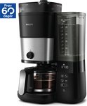 Philips koffiezetapparaat met zilveren details, zwart behuizing en blauw 'Probeer 60 dagen'-label.