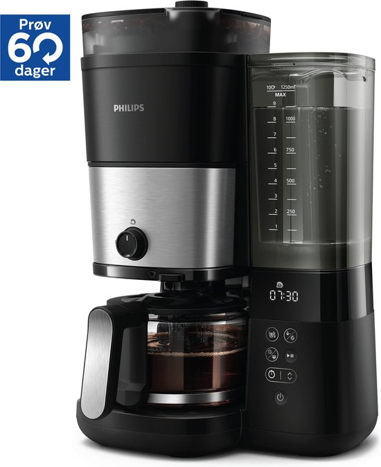 Philips koffiezetapparaat met zilveren details, zwart behuizing en blauw 'Probeer 60 dagen'-label.