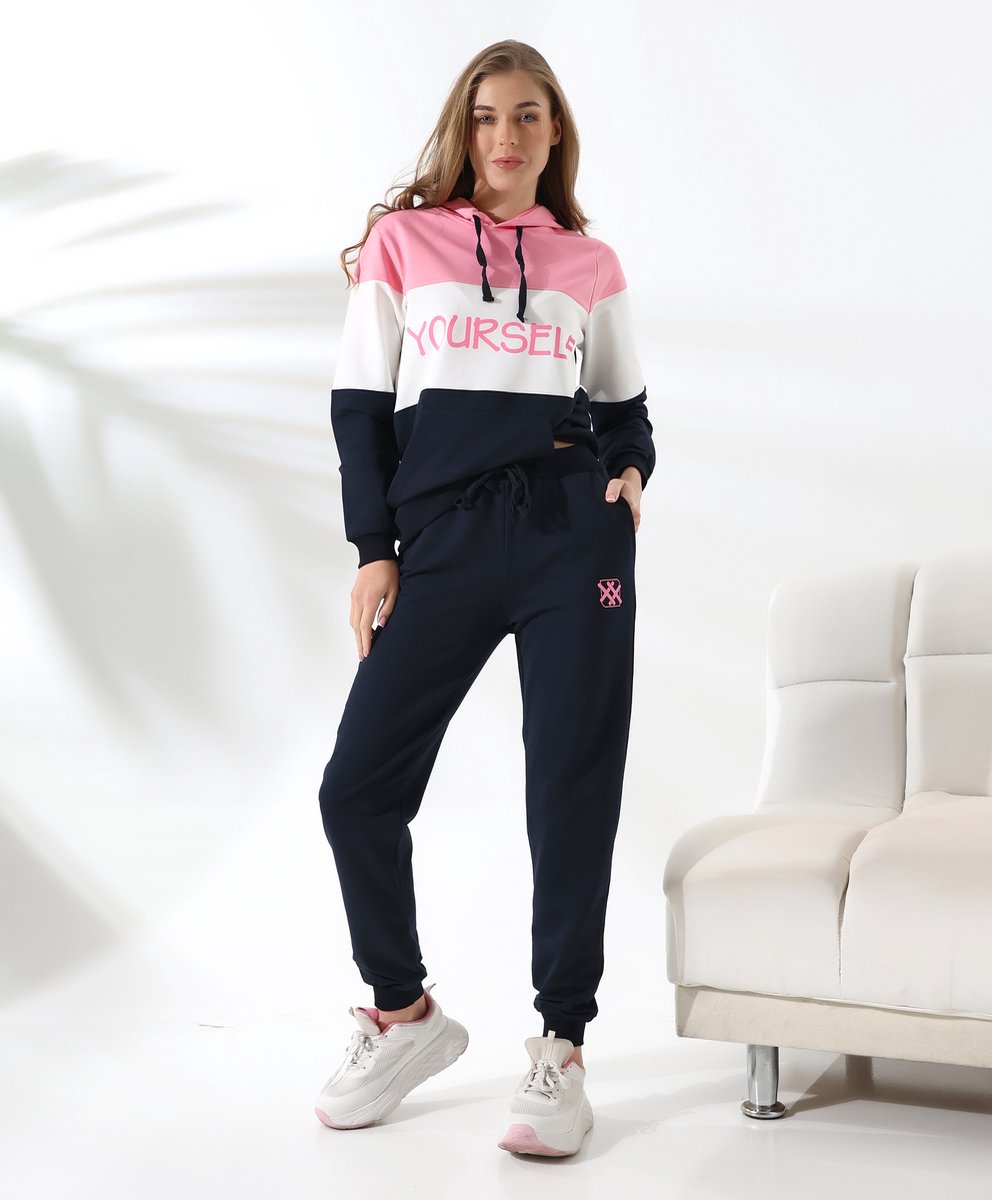 Loxxey® - Katoen - Yourself - Vrijetijdspak - Joggingpak - Huispak - Home Wear - Hoodie - Trainingspak - Tracksuit - 1 Set (2 Delig) - Dames - Maat M – Candy Pink/ Marineblauw- Nieuw Seizoen!!