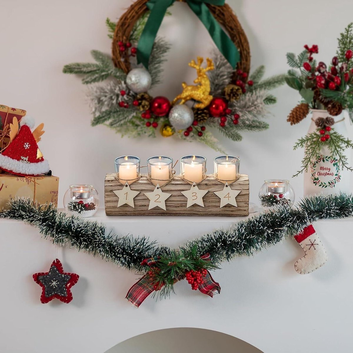 Hanobe Couronne de l'avent Bois Rond: Petit Couronne Avent Bol Decoratif avec 4 Bougeoirs pour décoration - Adventskranz Chandelier pour Noël Décoration de l'Avent