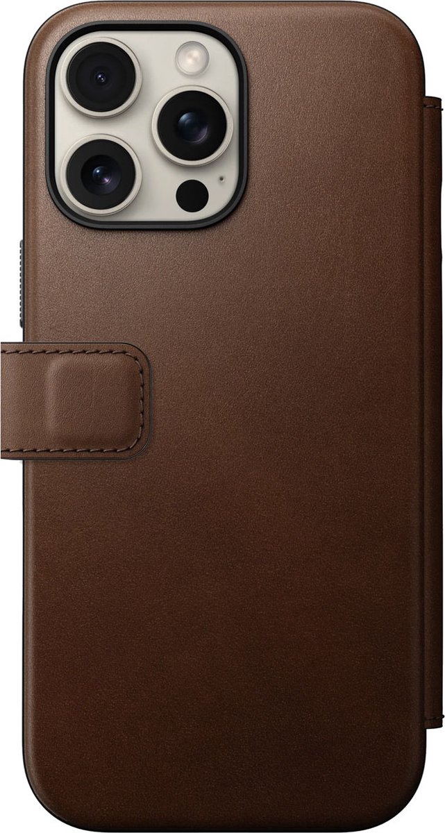 Nomad Hoesje Geschikt voor Apple iPhone 16 Pro Max | Modern Leather Folio | Compatibel met MagSafe en Draadloos Opladen | Book Case met Pasjeshouder | Echt Leer - Bruin