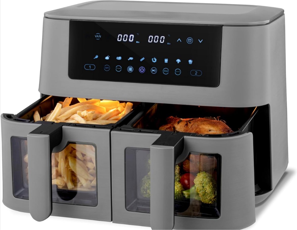 Dual Zone Airfryer met Dubbele Kamer 8 Liter 2 Manden met Kijkvenster Touchscreen 9 Voorinstellingen Dual Cook & Synchronisatie Kant-en-Klaar Technologie 2570-3040 W