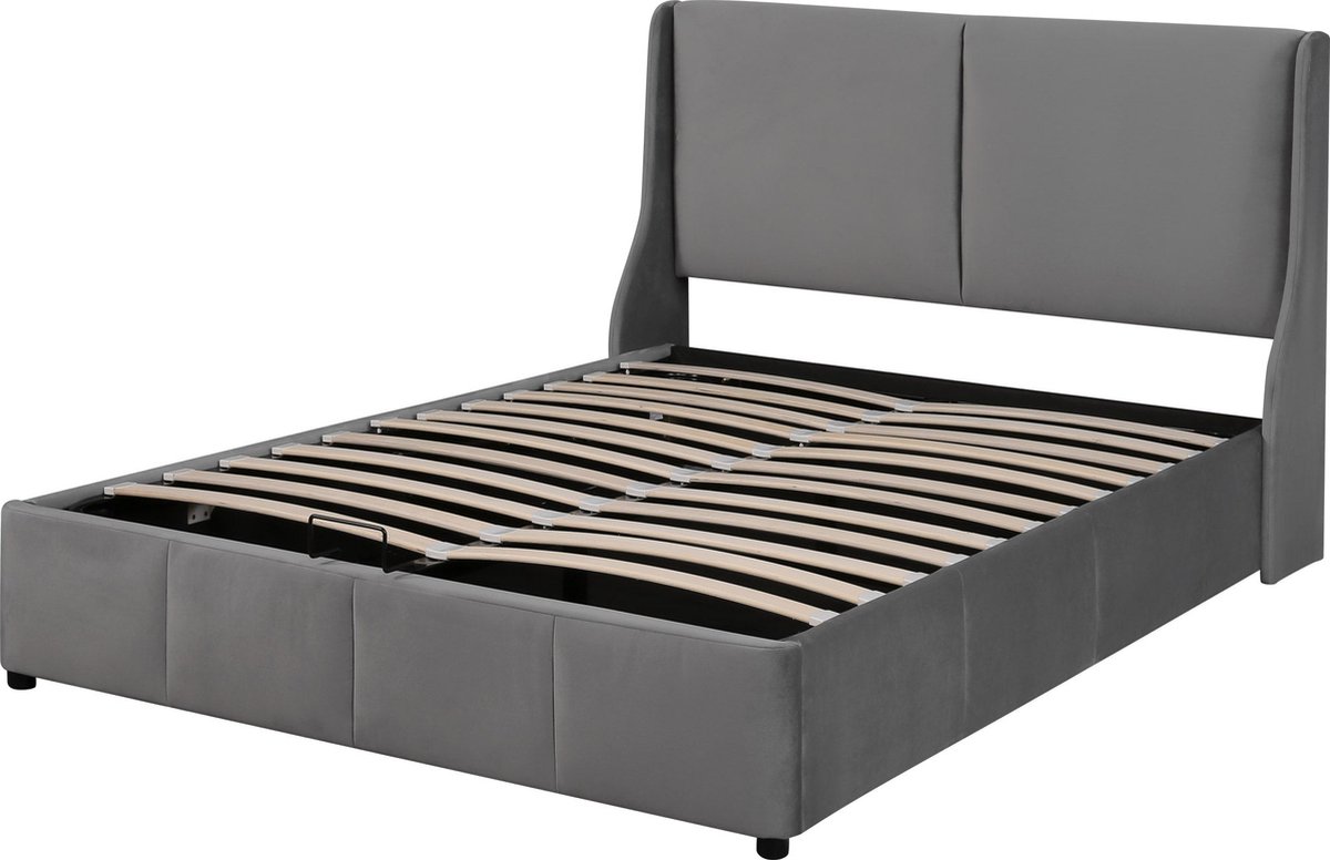 Merax Gestoffeerd Bed - 140x190 cm - Hydraulisch Bed met Opbergbox - Zonder Matras - Grijs Fluweel