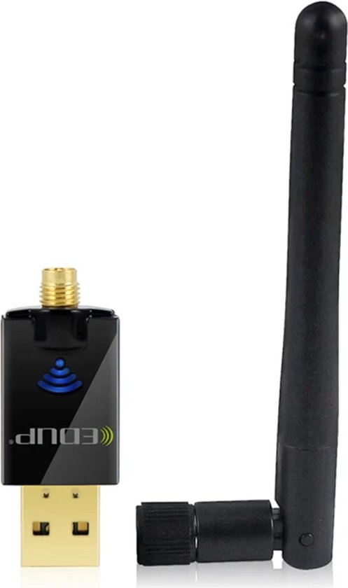 Zwarte USB WiFi-adapter met antenne en gouden connector, naast elkaar geplaatst. Merk 'EDUP' en WiFi-symbool zichtbaar.