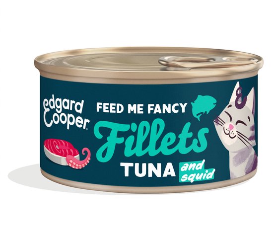 Edgard & Cooper kattenvoer blik 'Feed Me Fancy Fillets Tuna and Squid' met afbeelding van rode tonijn, octopus en kat.