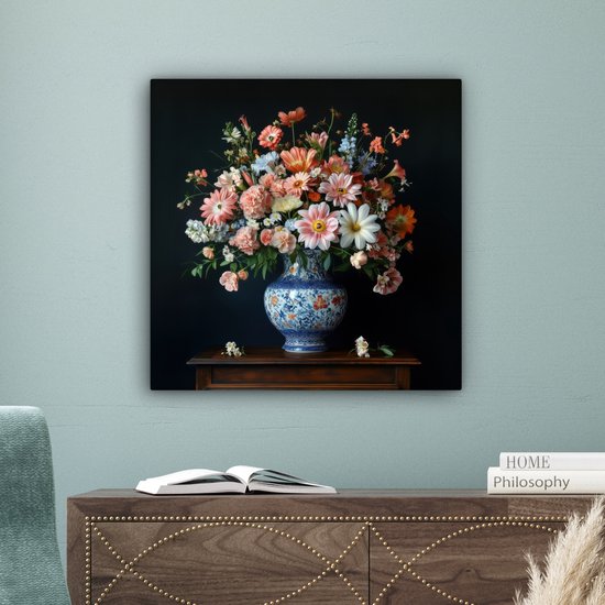 Tableau sur toile 50x50 cm - Décoration murale exclusive Bois - Vase - Couleurs - Fleurs - Décoration murale salon - Décoration chambre - Accessoires chambre - Peintures sur toile