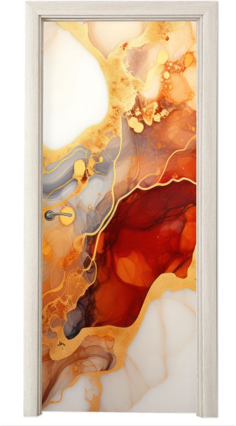 Deurposter 75x205 cm - Deursticker Marmer - Oranje - Goud - Modern - Abstract - Meubelfolie zelfklevend - Deurfolie woonkamer - Interieurfolie fotobehang - Deur plakfolie - Deurstickers - Deurbehang sticker - Kamer decoratie