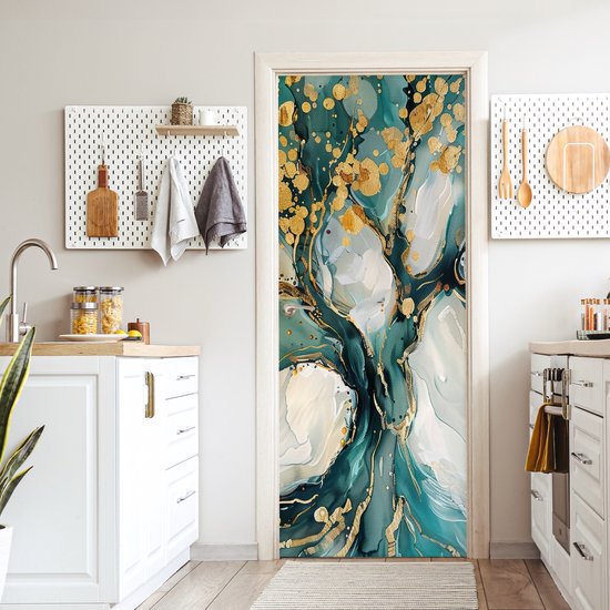 Deurposter 80x205 cm - Deursticker Boom - Modern - Verflook - Turquoise - Goud - Meubelfolie zelfklevend - Deurfolie woonkamer - Interieurfolie fotobehang - Deur plakfolie - Deurstickers - Deurbehang sticker - Kamer decoratie